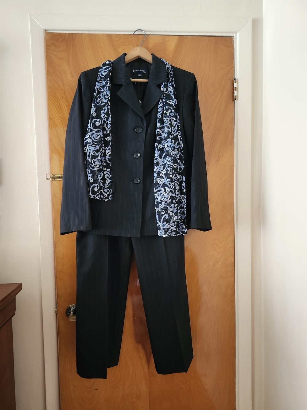 Evan Picone Women's Navy Pinstripe Suit with Blue-White Printed Scarf